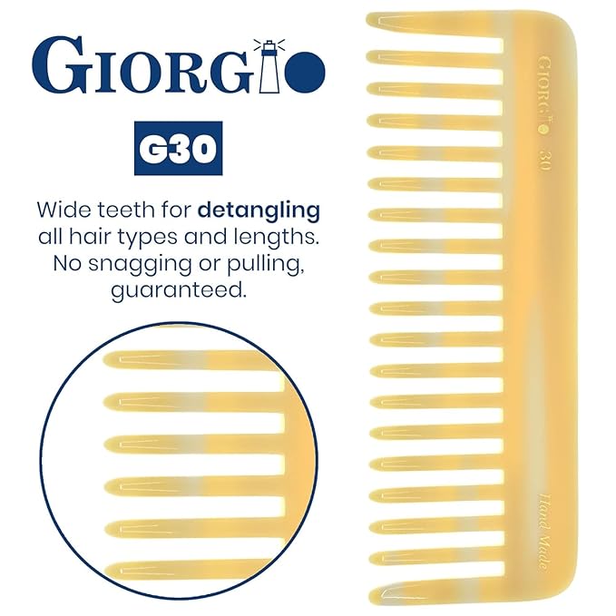 Giorgio G30 Large 5.75 Inch Hair Detangling Comb, Wide Teeth for Thick Curly Wavy Hair. Long Hairs Detangler Comb For Wet and Dry. Handmade of Cellulose, Saw-Cut, Hand Polished, Ivory 2 Pack