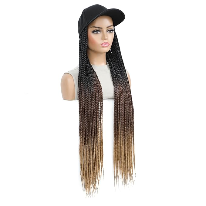 Hat Wig for Women Baseball Cap with Braided Hair Attached 30inch long Synthetic Ombre Box Braid Wig Hat Adjustable Cap with black brown light brown Braids for Daily Outdoor Use