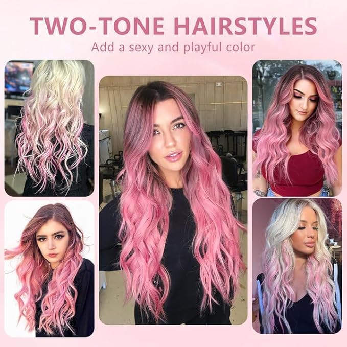 ALXNAN Clip in Long Wavy Hair Extension 20 Inch Blonde Pink Hair Extensions 4PCS Thick Hairpieces Fiber Double Weft Hair for Women
