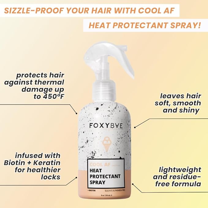 FoxyBae Heat Protectant Spray - Thermal Hair Styling Mist for Curling Iron & Blow Dryer - Prevents Frizz, Damage & Breakage, 8oz