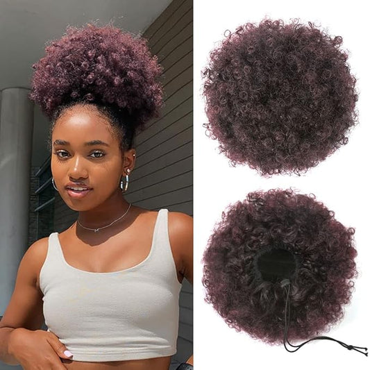YEAME Afro Puff Drawstring Ponytail for Black Women, Short Kinky Curly Afro Ponytail Synthetic Hair Puffs, Premium Ombre Burgundy Afro Bun Drawstring Ponytail for Women Girls (1T99J Ombre Burgundy)