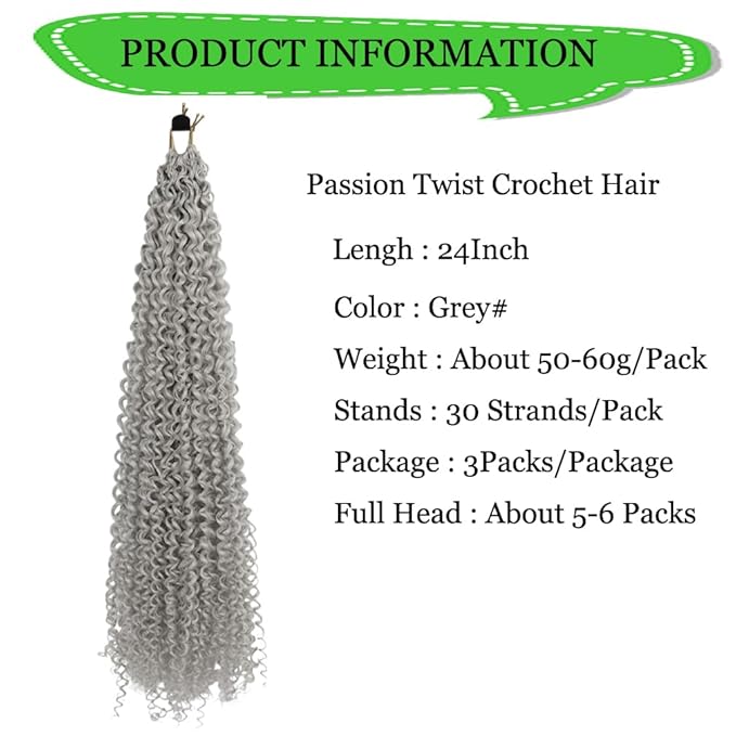 Curly Crochet Hair Extensions Gray Passion Twist Braids 24Inch Long Curly Braiding Hair 3Packs Spring Crochet Braids Hair Extensions Goddess Box Braids for Black Women(24",Gray)