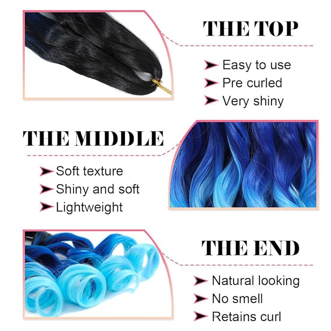 Ombre blue French Curly Braiding Hair 24 Inch 6 Packs Black Loose Wave Bouncy Crochet Hair Pre Stretched 100g/pack Yaki Curly Braiding Hair for Black Women Hair Extensions (Ombre blue)