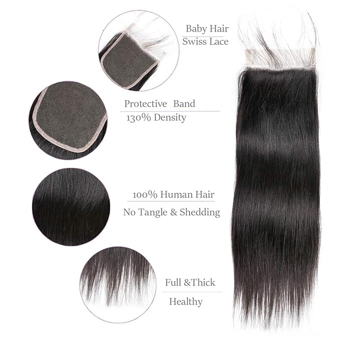 Straight Bundles with Closure Brazilian Hair Virgin Human Hair 3 Bundles with (4X4) Lace Closure Wave Weft 100% Unprocessed Real Human Hair Extensions Natural Color (18 20 22+18" Closure)