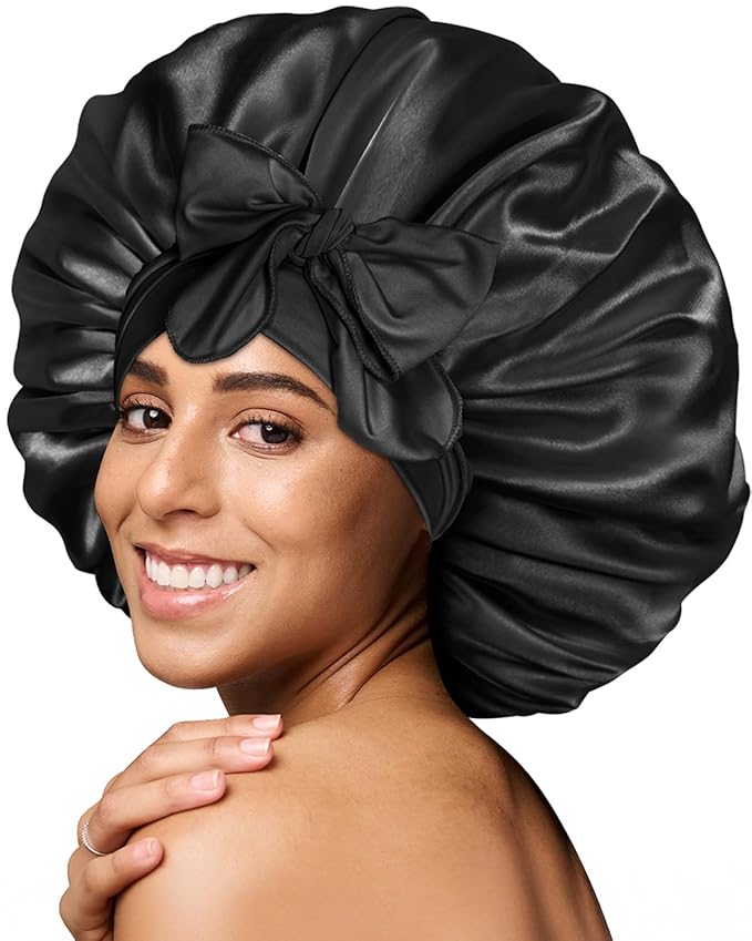 BONNET QUEEN Silk Bonnet for Sleeping Satin Bonnet Hair Bonnets Large Bonnets Hair Wrap Sleep Cap with Tie Band for Women Curly Hair Braids Locs Black