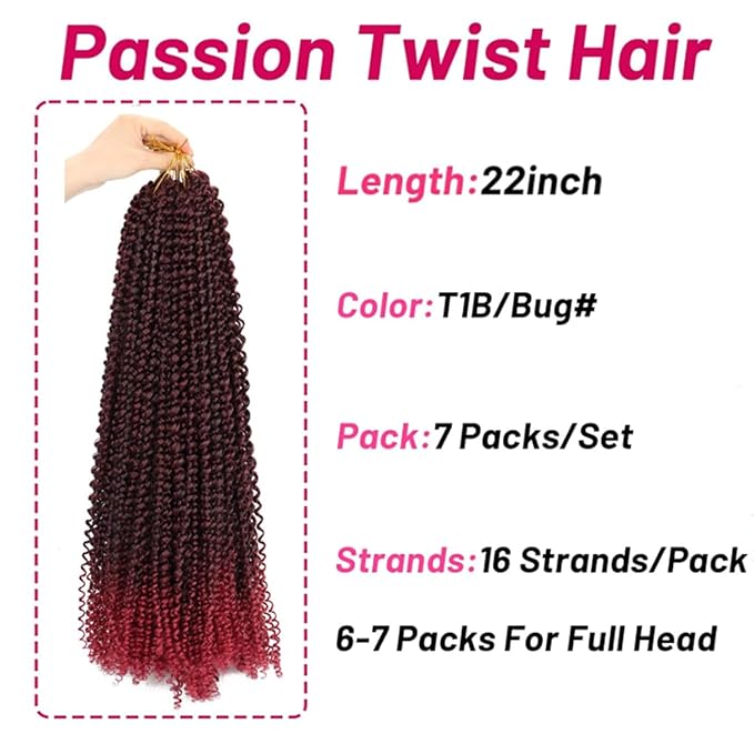 Dorsanee Ombre Burgundy Passion Twist Hair 22 Inch 7 Packs Water Wave Crochet Hair Long Bohemian Curly Braiding Hair for Butterfly Locs, Faux Locs, Boho Style Spring Twist Crochet Braids (TBug#)