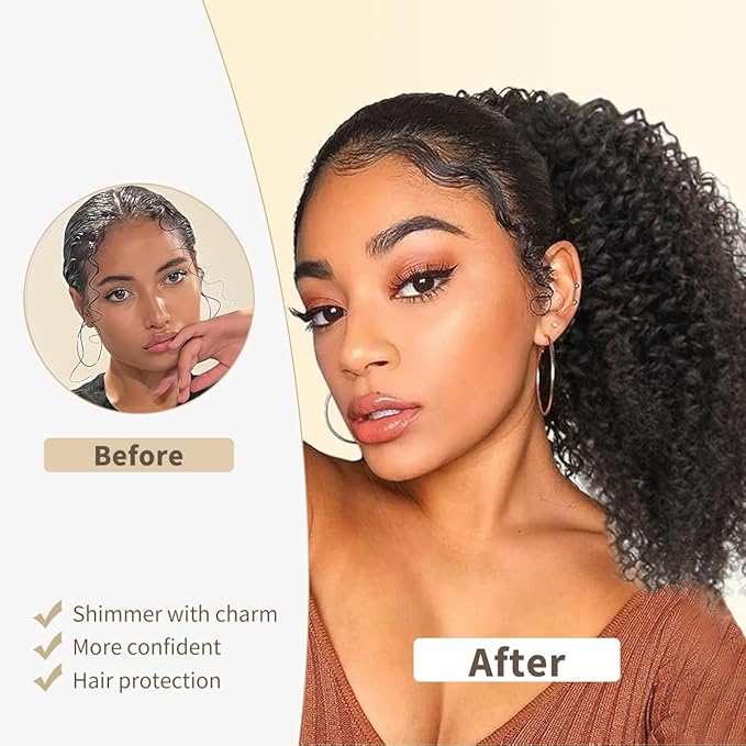 isheeny Curly Drawstring Ponytail for Black Women, 100% Human Hair Extension 14Inch Add Length & Volume in 3 Mins