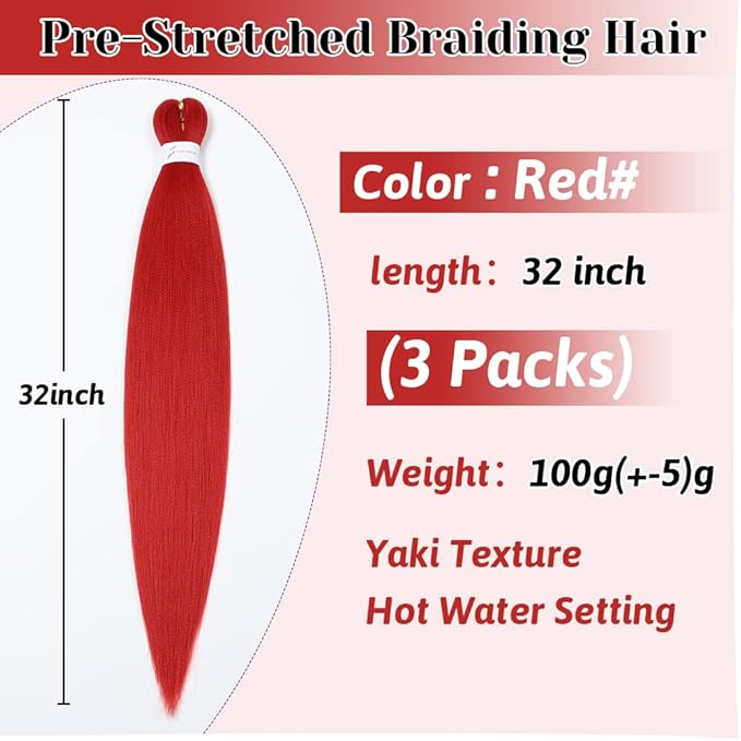 Red Braiding Hair Extensions 32 Inch Pre stretched Braiding Hair Yaki Braids Hair Hot Water Setting Synthetic Hair Colored Braiding Hair Pre stretched Crochet Hair(32Inch,3 Packs,Red#)