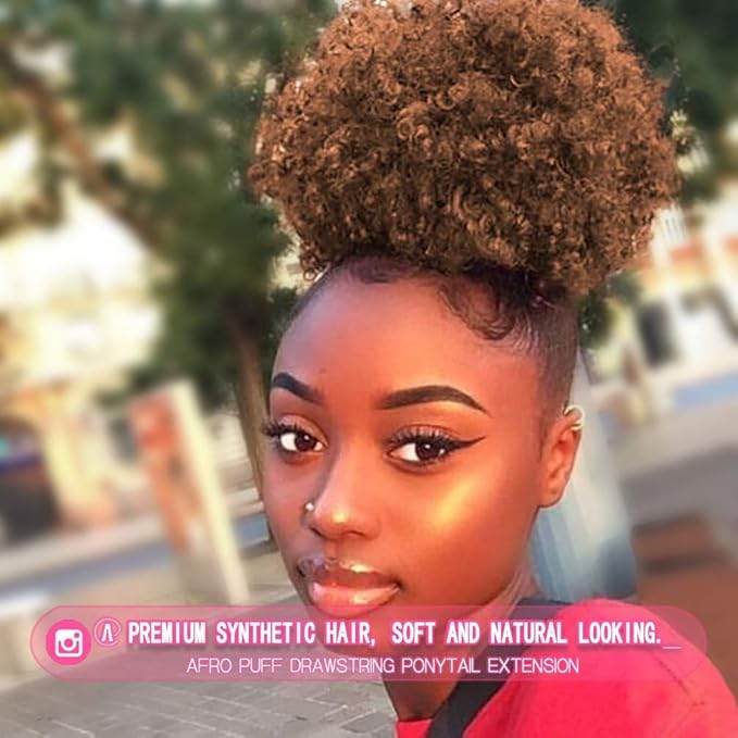 Rosmile Afro Puff Drawstring Ponytail Extension for Black Women - Premium Ombre Brown T1B/30# 80g Short Synthetic Natural Hair Clip On Kinky Curly Bun