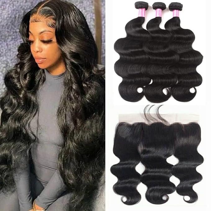 YISEA Body Wave Bundles with Lace Frontal (14 16 18+12 Frontal) Human Hair 3 Bundles with 13x4 Lace Closure Frontal 100% Unprocessed Braziian Virgin Human Hair