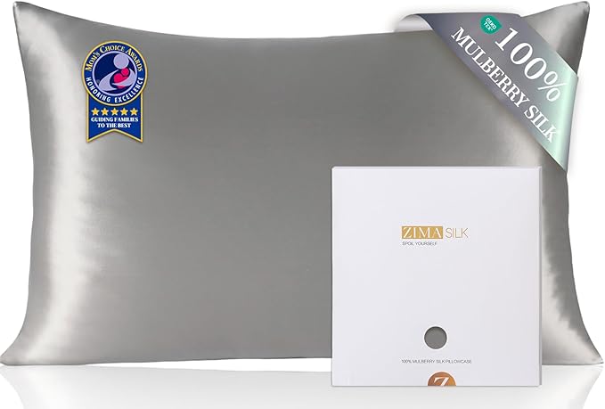 ZIMASILK 100% Pure Mulberry Silk Pillowcase for Hair and Skin Health,Soft and Smooth,Both Sides Premium Grade 6A Silk,600 Thread Count,with Hidden Zipper,1pc(Standard 20''x26'', Gray)