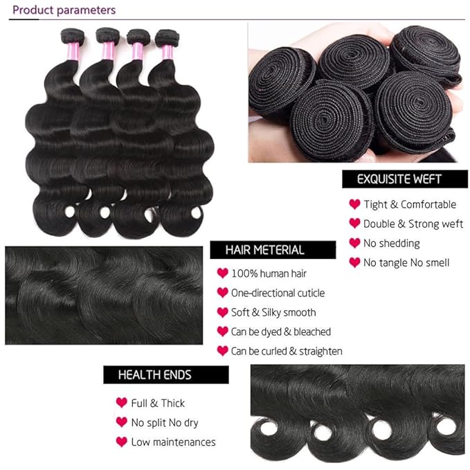 YISEA Human Hair Bundles Body Wave 4 Bundles 12A Brazilian Hair（20 18 16 14）inch Body Wave Virgin Hair Natural Black Bundles Unprocessed Remy Human Hair Weaves Brazilian Hair Extensions