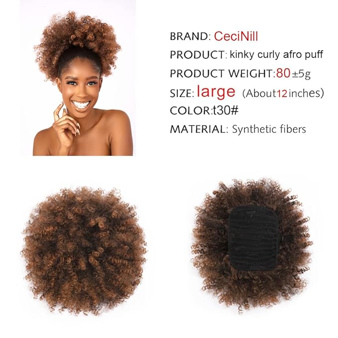 Afro Puff kinky curly Drawstring Ponytail Extension for Black Women Synthetic Short Afro Kinkys Curly Afro Bun Extension Hairpieces Updo Hair Extensions with Two Clips(T30#)