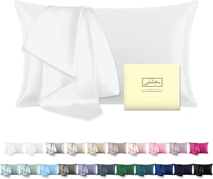 SUATIEN Mulberry Silk Pillow Cases Standard Size Silk Pillowcase for Hair and Skin with Zipper Soft Breathable Smooth Cooling Silk Pillow Case for Sleeping,Gifts for Women (White,20"X 26",1Pcs)