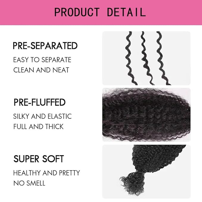 QVR Spring Twist Crochet Human Hair Afro Kinky Curly Braiding Hair Extension, QVR Upgraded Afro Kinkys Bulk Natural Black Hair 12 inch,50 Gram/Pack