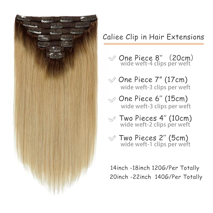 Caliee Clip in Hair Extensions Real Human Hair Color R4-18 Chocolate Brown Fading to Dirty Blonde Hair Extensions Clip in Human Hair Straight Thick Natural 16 Inch 120 Gram