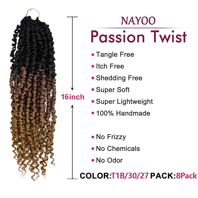 NAYOO Passion Twist Hair - 8 Packs 16 Inch Passion Twist Crochet Hair For Women, Crochet Pretwisted Curly Hair Passion Twists Synthetic Braiding Hair Extensions(16 Inch 8 Packs, T1B/30/27)