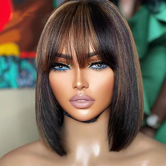 UMEGOOD Bob Wig Human Hair with Bangs Glueless 2.5x1 HD Lace Colsure Wigs Human,Yaki Bob Wig with Brown Highlights, Ready to Go Short Wigs For Women Beginner Friendly 10 Inch