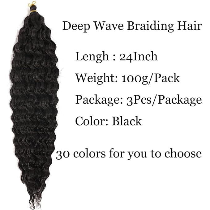 24 inch Ocean Wave Crochet Hair Deep Wave Twist Crochet Hair Extensions Curly Braiding Hair 3 packs (24 inch, Natural Black)