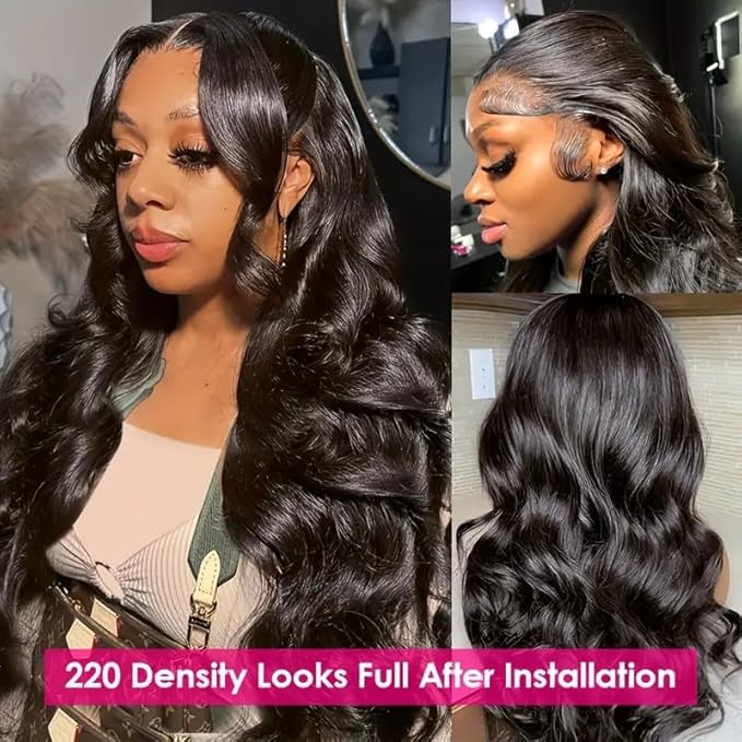 Full Body Wave Lace Front Wigs Human Hair Pre Plucked 220% Density 13x6 Glueless HD Lace Frontal Wigs Human Hair for Women Natural Color Brazilian Virgin Hair 22 Inch