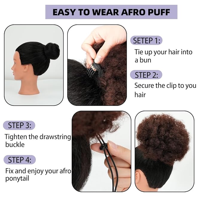 YEAME Afro Puff Drawstring Ponytail for Black Women, Short Kinky Curly Afro Ponytail Synthetic Hair Puffs, Premium Medium Brown Afro Bun Drawstring Ponytail for Women Girls (4 Medium Brown)