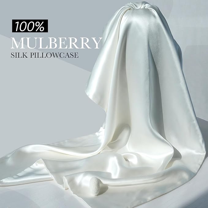 100% Mulberry Silk Pillowcase for Hair and Skin, 22 Momme Pure Natural Silk Pillow Case Both Sided with Zipper, Pillow Cover for Women Mom Men (Ivory White, King 20''×36'', 1 Pack)