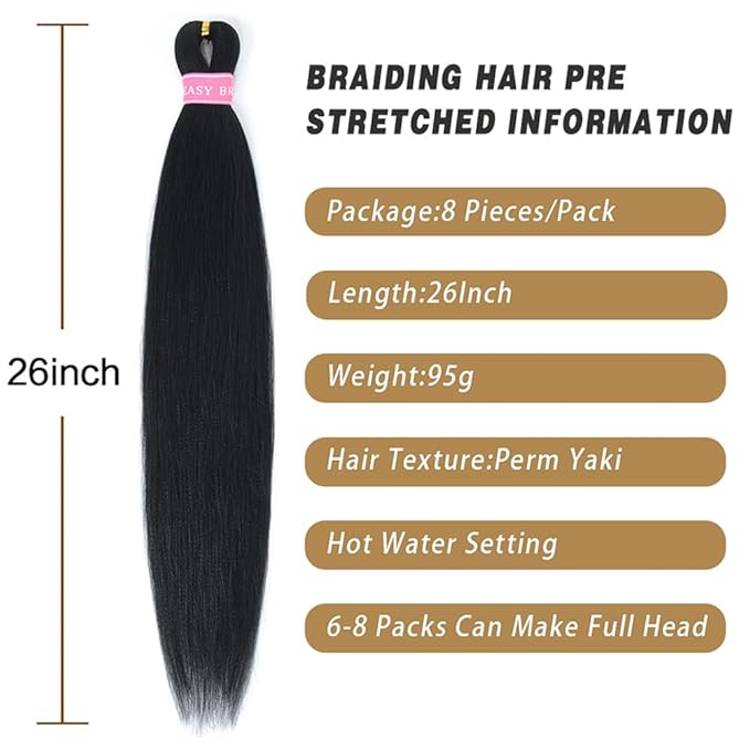 AQINBEL Braiding Hair Pre Stretched 26 Inches 8 Packs Black Braiding Hair Professional Itch Free Synthetic Hair Braids Yaki Texture Hair Extensions Braiding for Women (Black)