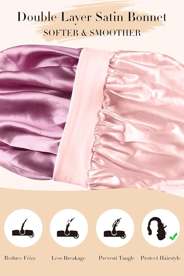 Double Layer Silk Bonnet with Tie Satin Lined Sleep Cap Hair Cover for Women's Curly Natural Hair