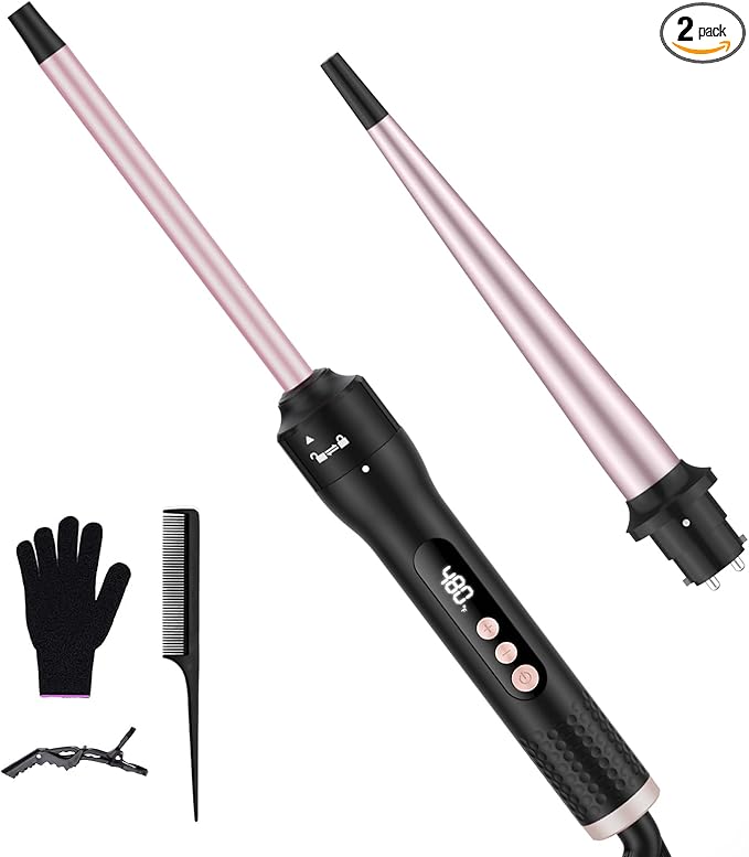 2-in-1 Curling Wand Set, 1/2 Inch Curling Iron with Interchangeable 0.5–1 Inch Ceramic Tapered Curling Wand, Fast-Heating Hair Curler with Adjust Temp, Dual Voltage Wand Curling Iron, Gift for Women
