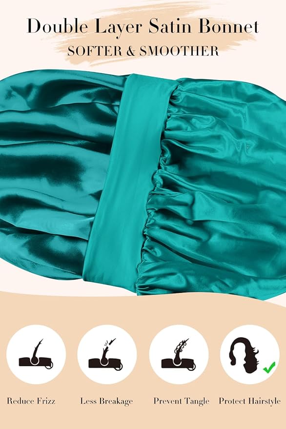 Double Layer Silk Bonnet with Tie Satin Lined Sleep Cap Hair Cover for Women's Curly Natural Hair