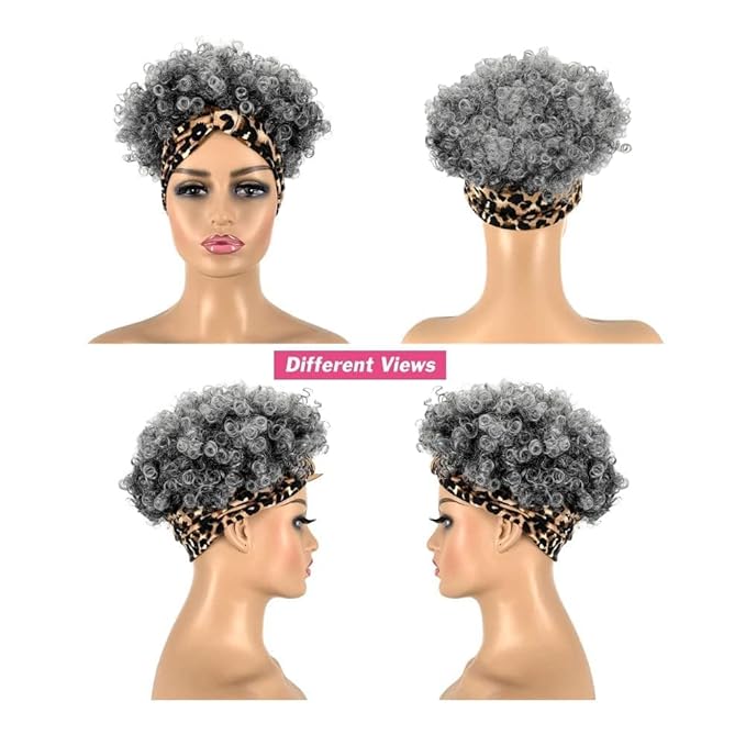 Short Curly Wigs with Headbands Attached for Black Women Synthitic Kinky Curly Afro Puff No Drawstring Ponytail Wig Headwrap Hairstyles With 2 Clips(T1B/Grey)