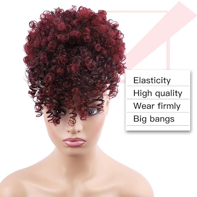 ENTRANCED STYLES Drawstring Ponytail with Bangs - Afro Puff Extensions for Women - Short Curly Clip in Wrap Updo Hairpiece (TBUG)