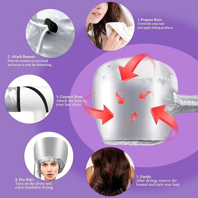 Hooded Hair Dryer Bonnet - Fast-Drying Bonnet Hair Dryer for Natural Hair, Deep Conditioning, Styling, & Curl Enhancing - Adjustable Fit, Heat Distribution, Portable & Lightweight for Travel（Silver）