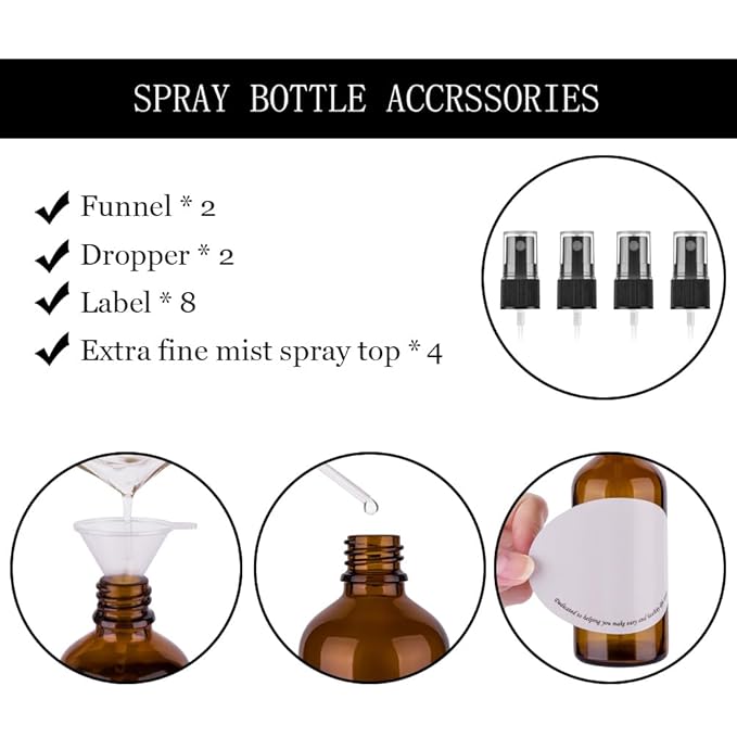 Amber Glass Spray Bottles, 4 oz Small Spray Bottles Fine Mist, Set of 4 (Amber)
