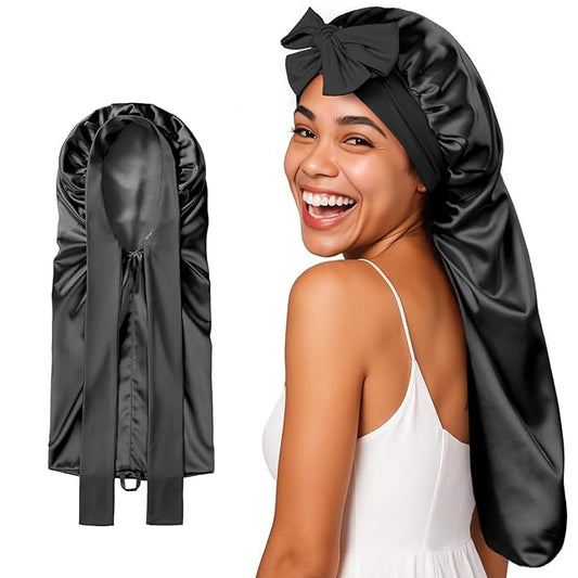 Umisleep Silk Bonnet for Sleeping Women, 22 Momme Mulberry Real Silk, Long Hair Bonnet for Braids & Curls to Reduce Frizz, Double Layer Hair Wrap with Soft Adjustable Tie Band, Black