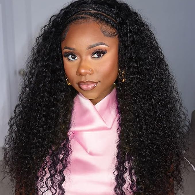 Half Wig Human Hair Deep Wave Glueless Curly Half Wig Invisible Hairline 200 Density Ready to Wear and Go Seamless Flip Over Design for Beginners with Wear Go Headband Wigs for Women 22 Inch