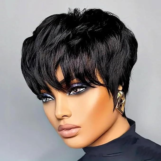 UMEGOOD Pixie Cut Wig Human Hair Pixie Cut Wigs for Black Women Glueless Short Layered Brazilian Virgin Human Hair Wigs For Women Natural Black Color
