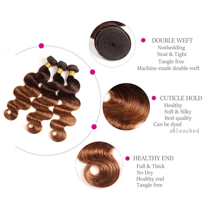 2 Tone Ombre Brazilian Body Wave Hair 3 Bundles Brazilian Remy Virgin Human Hair Weave Bundles 100% Unprocessed Body Wave Human Hair Extensions T4/30 Medium Brown/Medium Auburn(14 16 18)