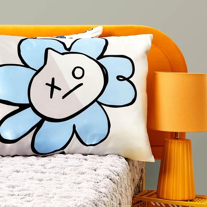 Kitsch x BT21 Satin Pillowcase with Zipper – Better Than Silk Pillowcase, Van Character & Funky Floral Print – Soft Cooling Toddler Bed Time Pillow Case for Hair & Skin – King Size 19x36