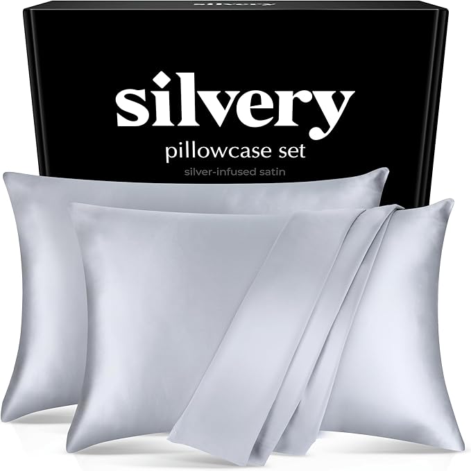 Silver Infused Satin Pillowcases Set – 2 Pack Silky Soft Cooling Pillow Cases with Self-Cleaning Silvery Technology™ for Hygienic Sleep – Better Than Silk for Hair and Skin (King (U.S. Standard))