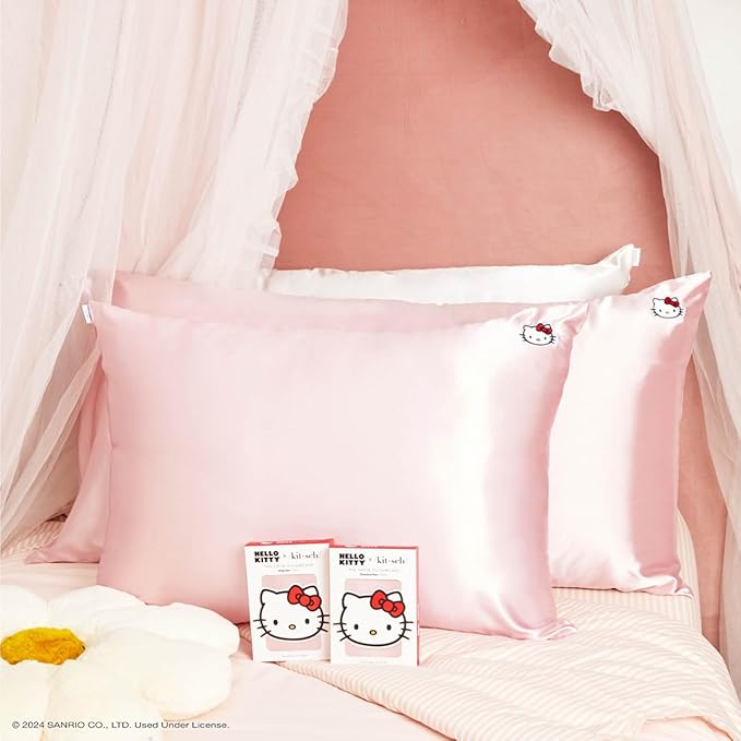 Kitsch x Hello Kitty Pillow Case – Pink Kitty Face Toddler Bed Time Satin Pillowcase with Zipper – Soft Cooling Pillow Cover for Hair & Skin – Better Than Silk Pillowcase – King Size 19x36
