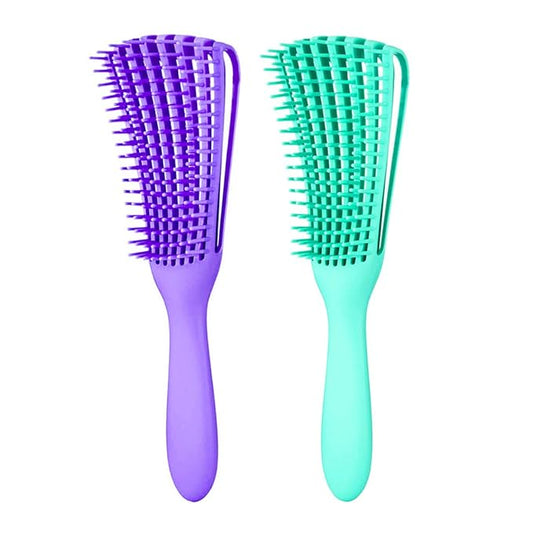 Detangling Brush for Women's Afro American/African 3a to 4c Kinky, Wavy, Curly, Coily Hair - Knots Detangler and Scalp Massage Comb for Wet/Dry/Oil/Thick/Long Hair (2 pcs, Purple-Green)