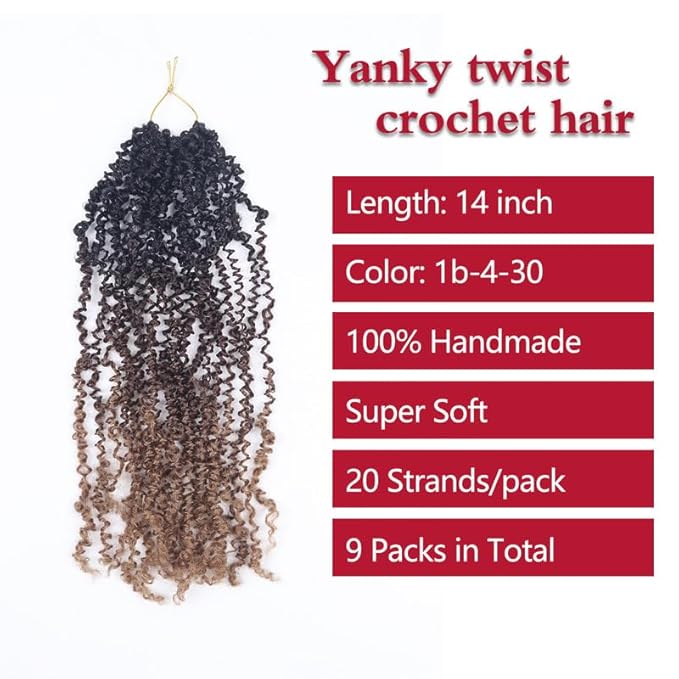 Yanky Twist Crochet Hair, PILLUGER Yaki Twists Hair Micro Spring Twist Braids,9 Packs Pre-looped passion Twist Brown Senegalese With Curls Crochet Synthetic Hair Extensions（14-1B-4-30）