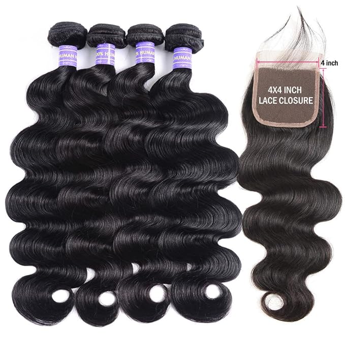 Aopusi Closure with 4 Bundles (18 20 22 24+16 Inch,Free Part) Brazilian Body Wave Bundles with Closure 100% Body Wave Virgin Remy Hair Weft Human Hair Bundles with Medium Brown Swiss Lace Closure