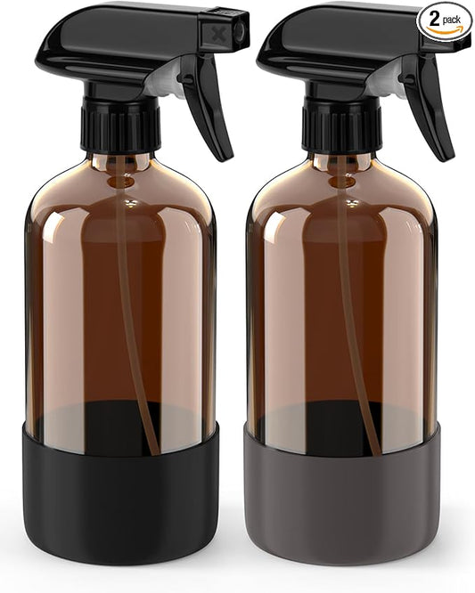 Glass Spray Bottle with Silicone Sleeve Protection, Amber Glass Spray Bottle Set for Window Cleaner Aromatherapy Facial Hydration Watering Flowers Hair Care 2 Pack/16 oz (Black & Grey, 16 oz)