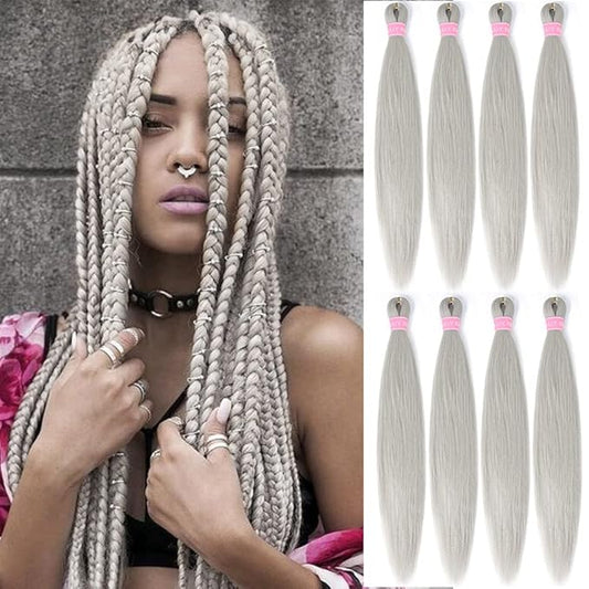 AQINBEL Braiding Hair 8 Bundles/Pack 26" Pre-Stretched Silver Grey Extensions - Itch-Free Crochet Twist Braids With Yaki Texture for Women