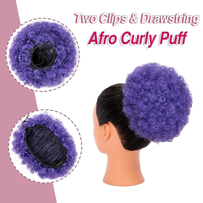 rosmile Afro Puff Drawstring Ponytail Extension for Black Women, Premium Purple 80 Gram Short Synthetic Afro Puff Ponytail for Natural Hair, Clip on Kinky Drawstring Curly Ponytail Bun