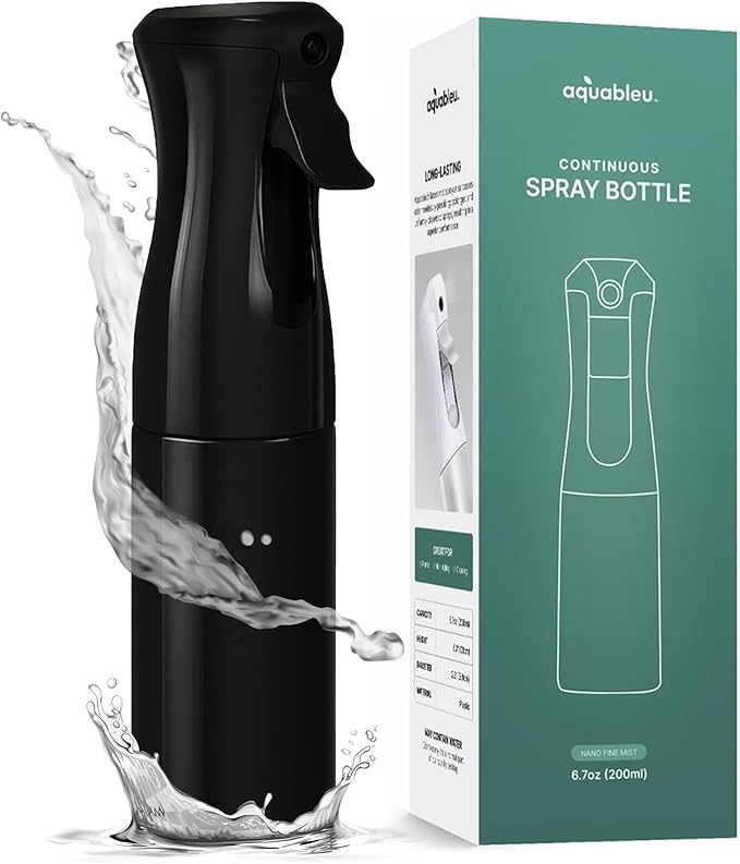 Aquableu Spray Bottle for Hair – Continuous Mist Spray Bottle for Hair Care, Styling, Cleaning, Plants, Pets & Essential Oils (Black, 6.76oz/200ml)