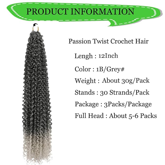 Passion Twist Hair Extensions Black to Gray Curly Crochet Hair 12 Inch Short Curly Braiding Hair 3 Packs Ombre Crochet Braids with Curls for Black Women(12",1B Gray)