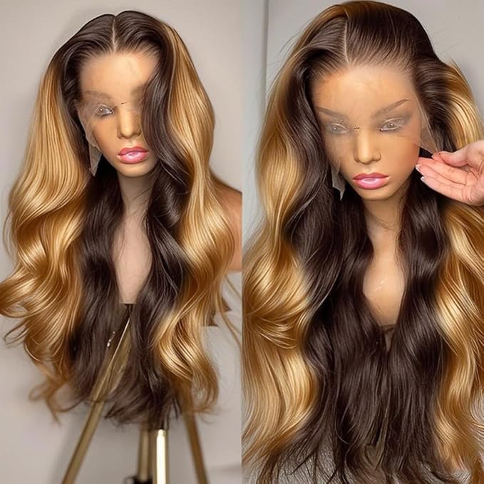 MEGOOD 250 Density 13x6 Honey Blonde Wig Human Hair 4/27 Colored Wigs 13x6 Body Wave Lace Front Wigs Human wigs Pre Plucked For Women HD Transparent Ombre Lace Front Wig Human Hair 32 Inch